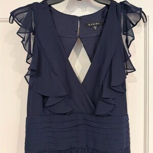 Marina Navy Ruffled V-Neck Women’s full length gown